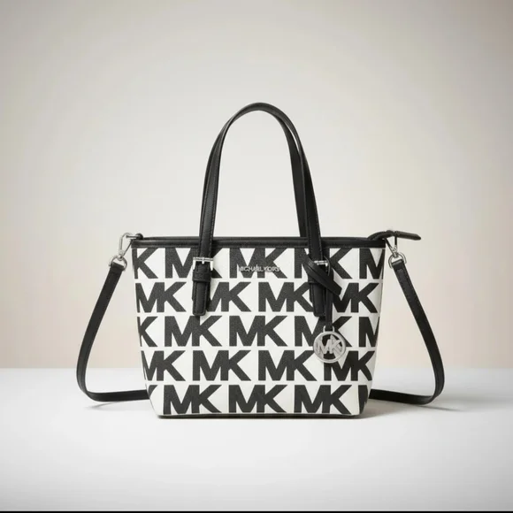 MICHAEL KORS XS Jet Set Travel Black & White MK Logo Zip Tote Bag - Picture 3 of 12